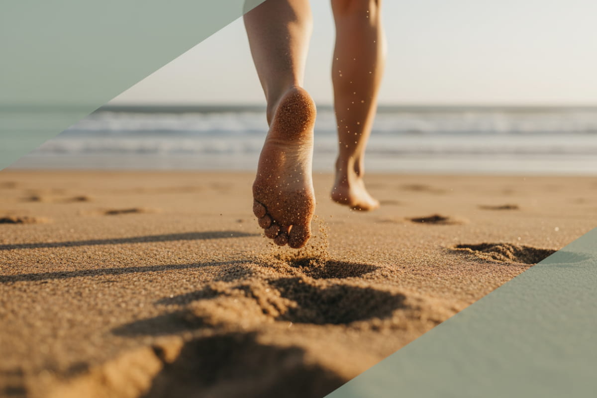 Bare feet on sand - AirToes Foot Reset System for natural foot recovery and mobility toe seperators
