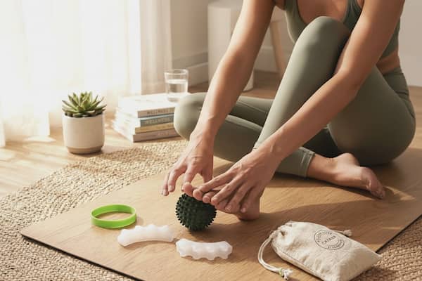 toe spacers foot massage ball for foot pain big toe resistance band with a lady usng the kit