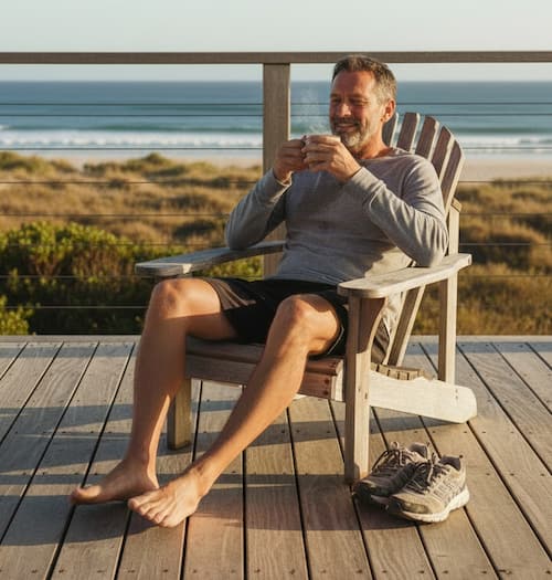 A man sits barefoot in a wooden Adirondack chair on a deck overlooking the ocean, holding a mug. He has tired feet after a run.