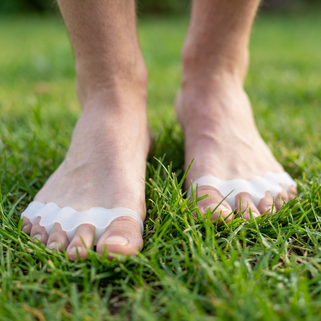 sore feet wearing toe seperator to help fight bunions and platar fasciitis