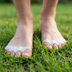 sore feet wearing toe seperator to help fight bunions and platar fasciitis